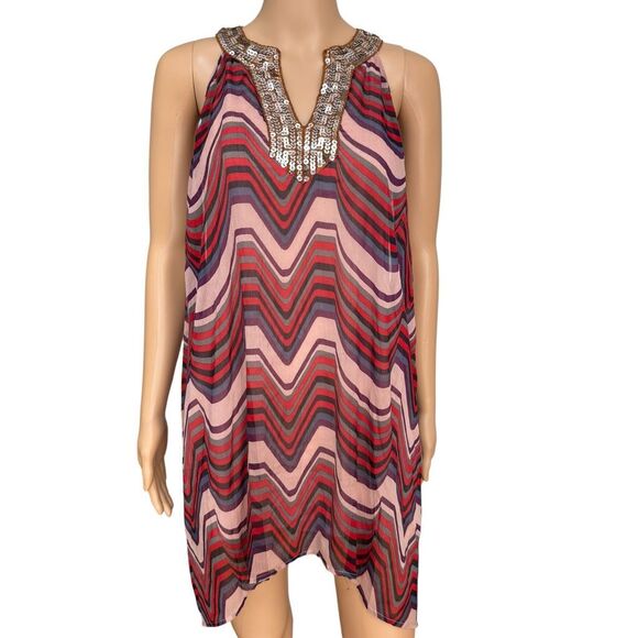 Free People Women Chiffon Tunic Top Mini Dress Size S Sequin Orange Pink - Picture 2 of 11